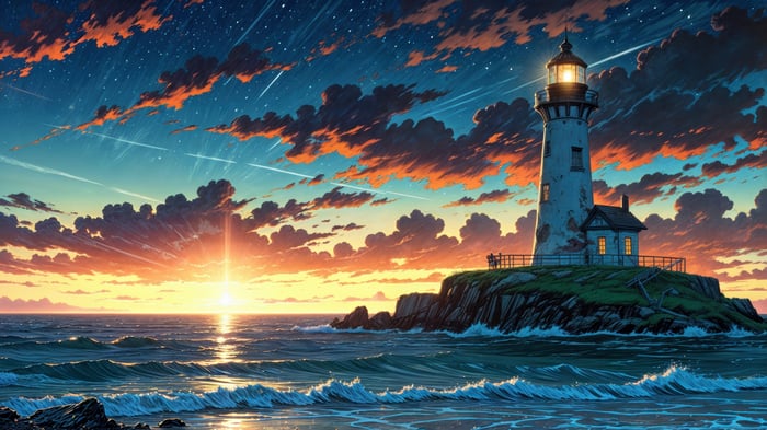 Lighthouse on a rocky island at sunset 4K