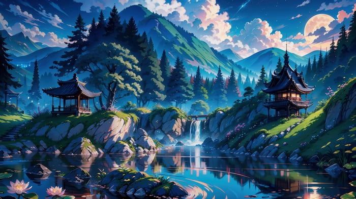 Anime Japanese Garden with Pond and Mountains 4K