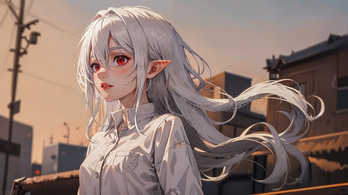 Anime Elf Girl with White Hair and Red Eyes in 4K