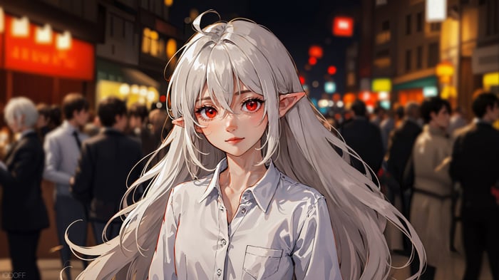 Anime Elf Girl with Red Eyes and White Hair in 4K