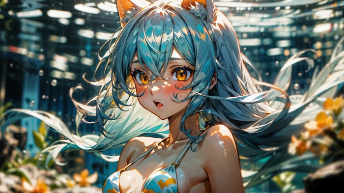 Anime Girl with Blue Hair and Yellow Eyes Underwater 4K