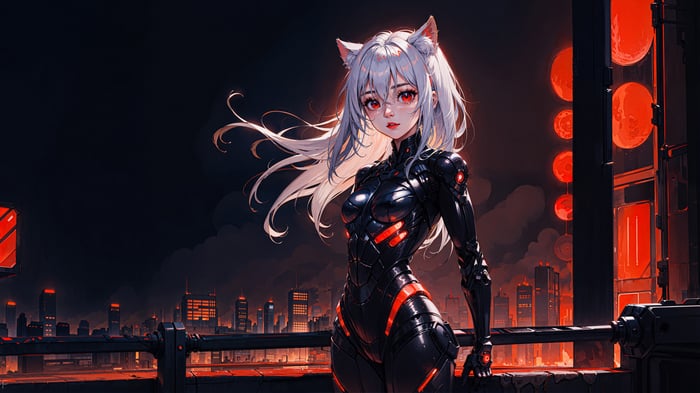 Anime Girl in Cyberpunk Suit with White Hair and Red Eyes