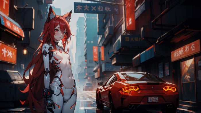 Anime Girl with Red Hair and Cybernetic Body in Cyberpunk City 4K