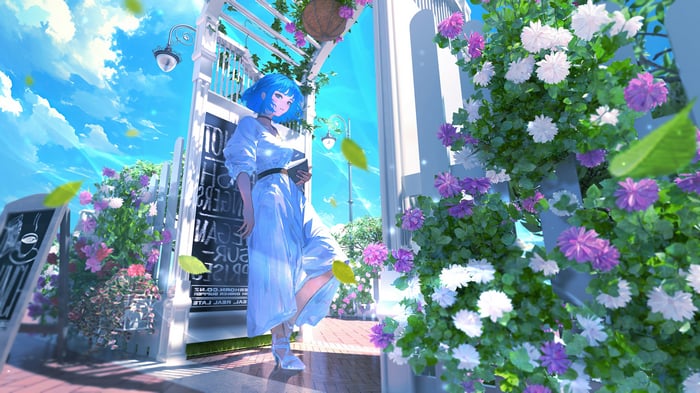 Anime Girl with Blue Hair in a Flower Garden 4K