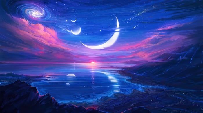 Fantasy Night Sky with Crescent Moons and Galaxy