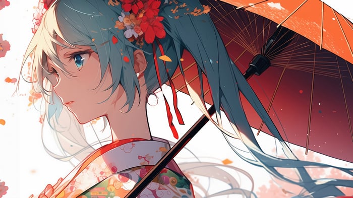 Hatsune Miku in Kimono with Umbrella 4K