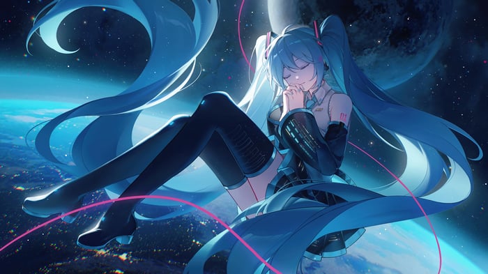 Hatsune Miku floating in space above Earth 4K