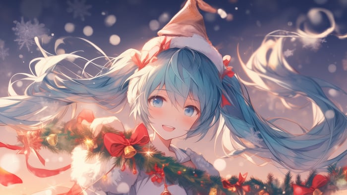 Hatsune Miku in Christmas Outfit with Garland 4K