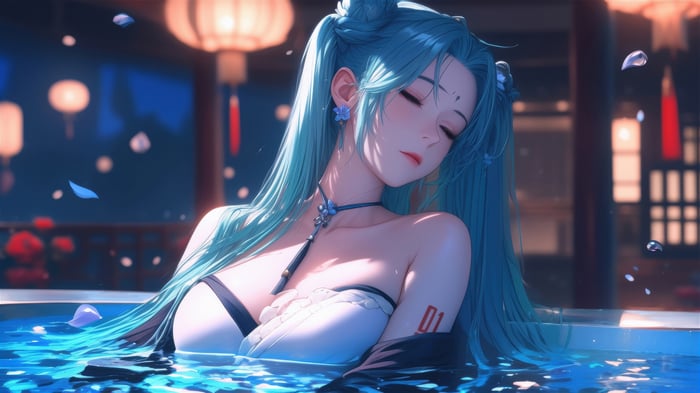 Hatsune Miku in a blue bath with petals