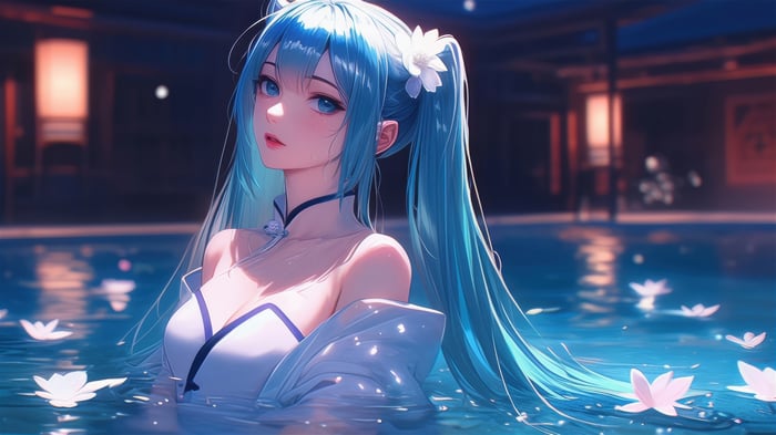 Hatsune Miku in a Pool with Lotus Flowers 4K