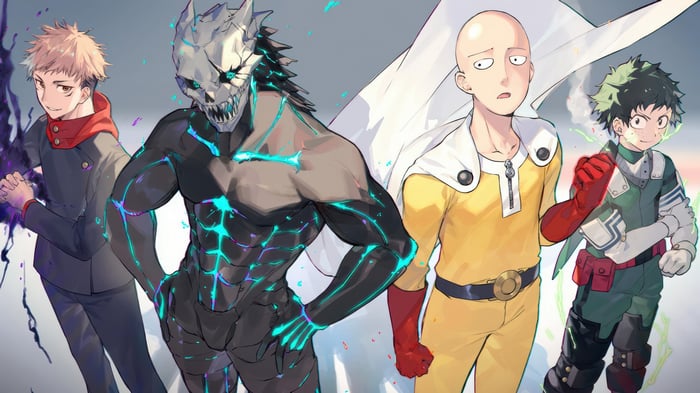 Yuji Itadori, Kaiju No. 8, Saitama, and Izuku Midoriya Crossover 4K