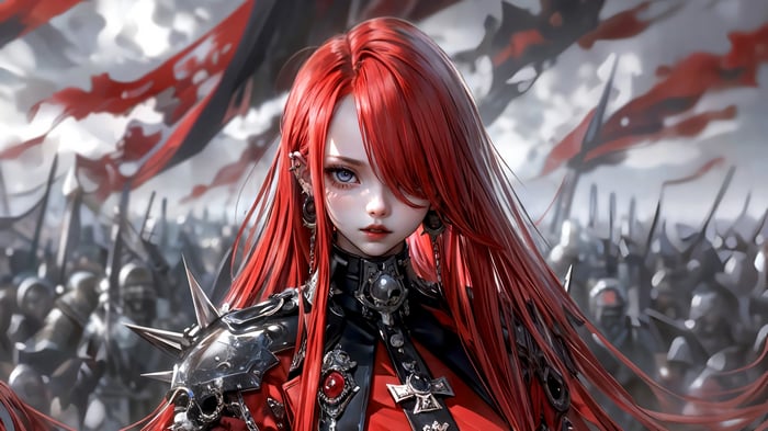 Anime Girl with Red Hair and Army