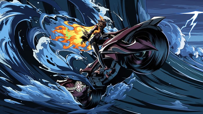 Mavika riding a motorcycle through waves in Genshin Impact 4K