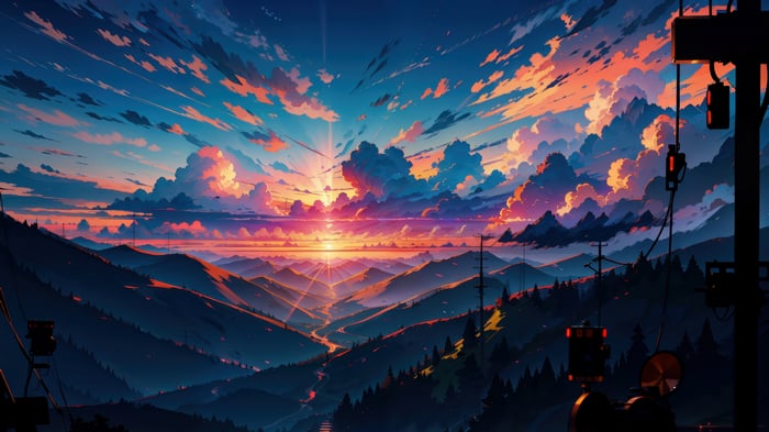 Anime Sunset Over Mountains with Clouds and Power Lines 4K