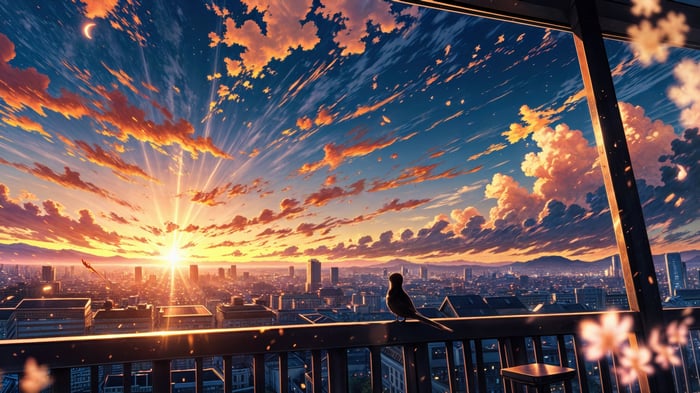 Anime City Sunset with Clouds and Bird