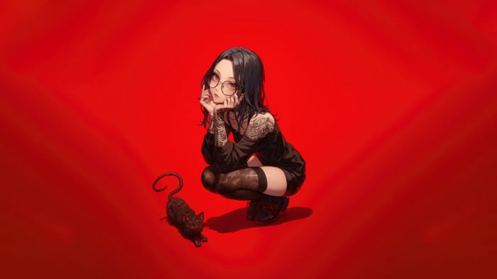 Anime girl with glasses and cat 4K