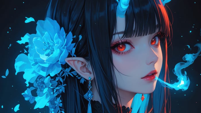Anime Girl with Red Eyes and Horns 4K