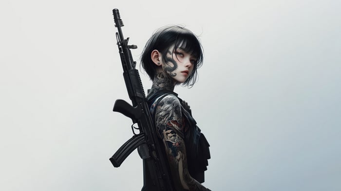 Anime Girl with Rifle and Tattoos 4K
