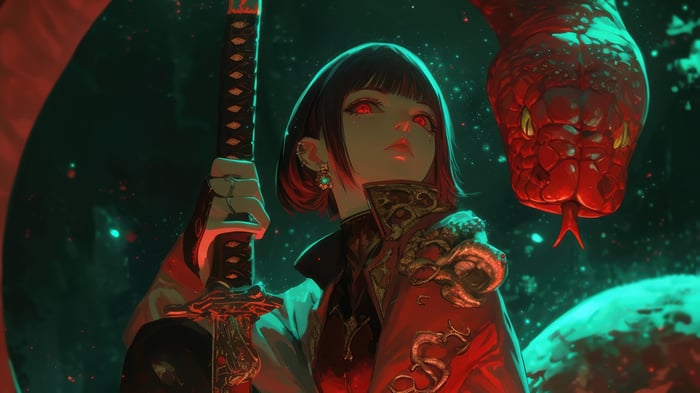 Anime Girl with Katana and Red Eyes Beside Snake