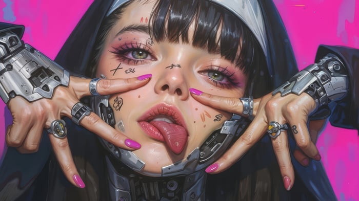 Cyberpunk Nun with Tongue Out 4K