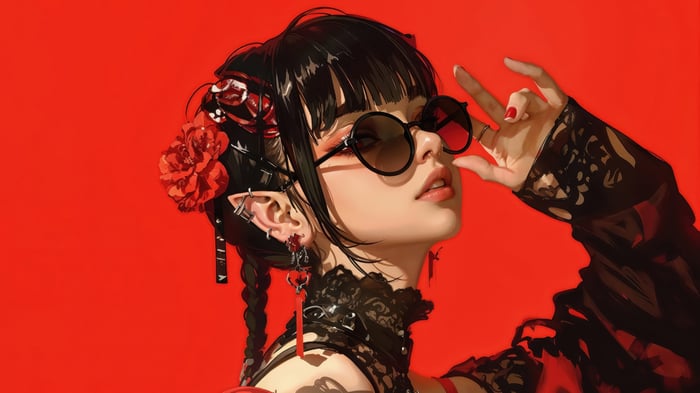 Anime Girl with Glasses and Red Rose 4K