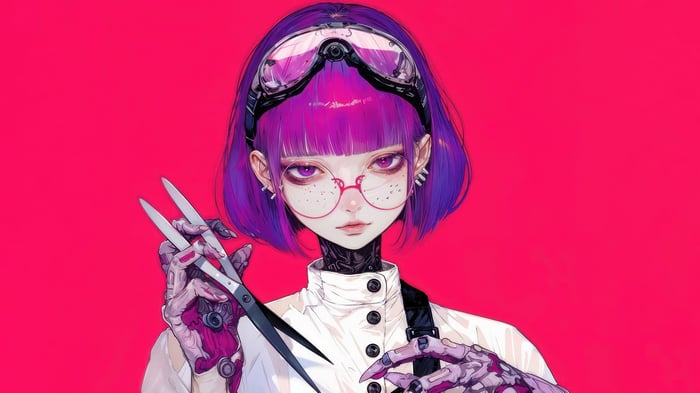 Anime Girl with Purple Hair and Glasses Holding Scissors
