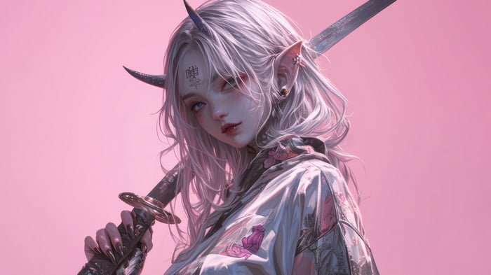 Anime Girl with White Hair, Horns, and Katana 4K