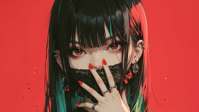 Anime Girl with Red Eyes and Black Mask 4K