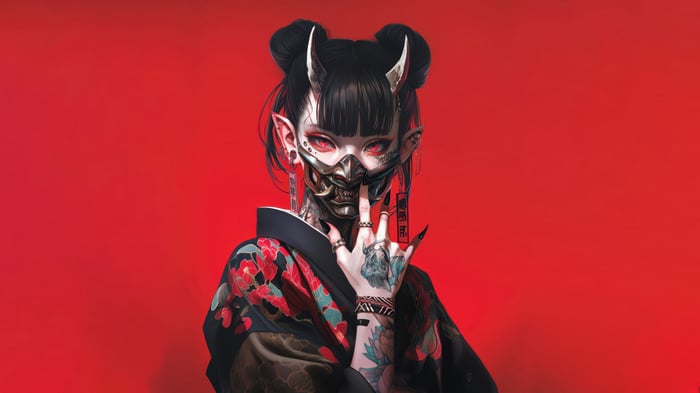 Anime Girl with Oni Mask and Horns 4K