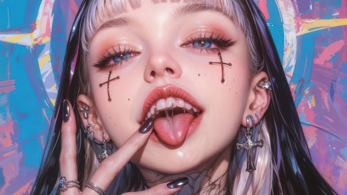Anime Girl with Tongue Out and Cross Makeup 4K