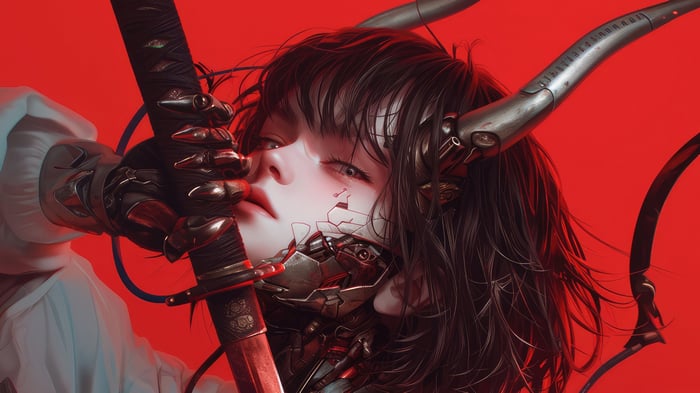 Cyberpunk Anime Girl with Katana and Horns 4K