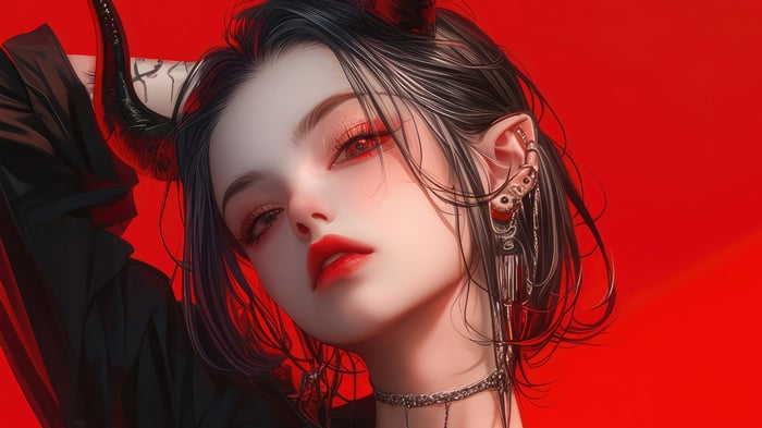 Anime Girl with Horns and Red Eyes 4K