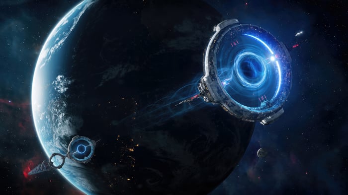 Sci-Fi Planet with Space Station and Portal