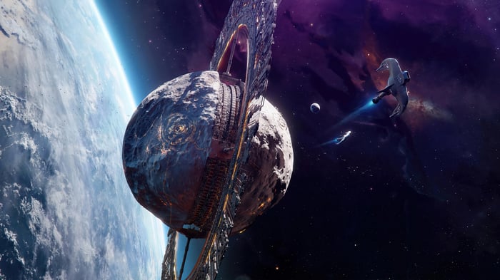 Space Station Orbiting Planet with Spaceships