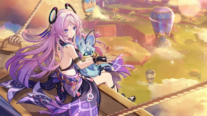 Citlali and a creature on a ship with hot air balloons