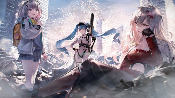 Nikke: Goddess of Victory Yulha, Admi, and Privaty in ruins