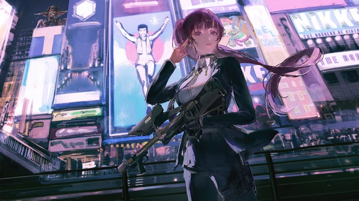Nikke: Goddess of Victory character with rifle in city