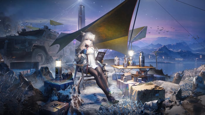 Perlica from Arknights: Endfield in a campsite setting
