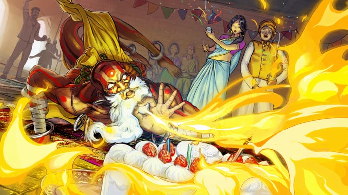 Dhalsim from Street Fighter 6 engulfed in flames