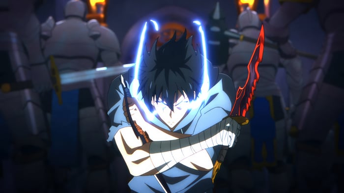 Sung Jin-Woo with glowing eyes and daggers