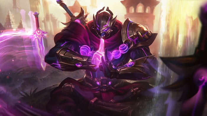 Shen from League of Legends meditating with swords