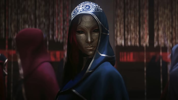 Katarina in a blue hood with a golden mask, 4K
