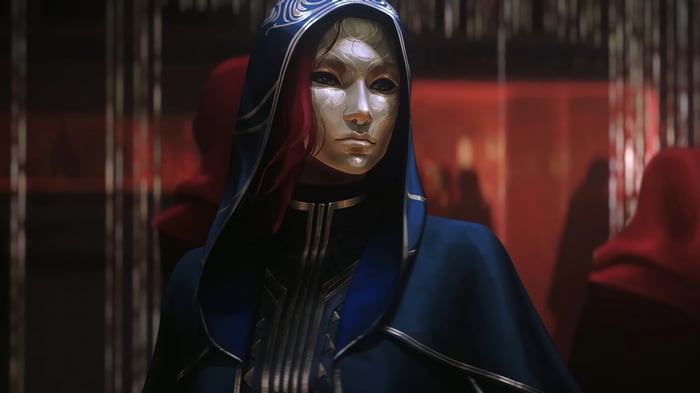 Katarina in a blue hooded cloak with a mask