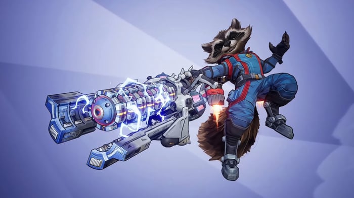 Rocket Raccoon with a large energy weapon