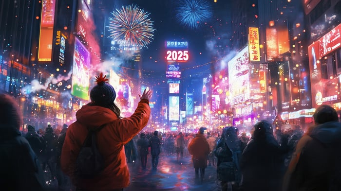 New Year 2025 Celebration with Fireworks in City