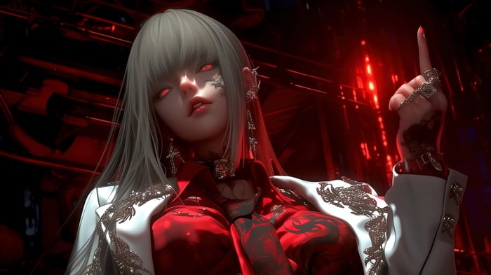 Anime Girl with Red Eyes and Tattoos in White Jacket