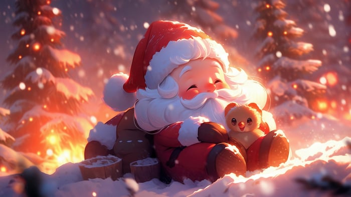 Santa Claus hugging a teddy bear in the snow 4K