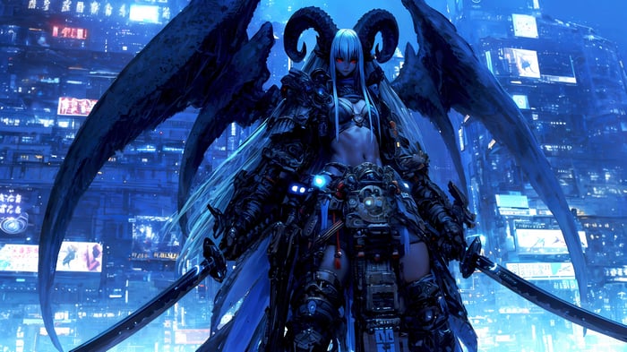 Demon with Wings and Horns holding Katanas in 4K