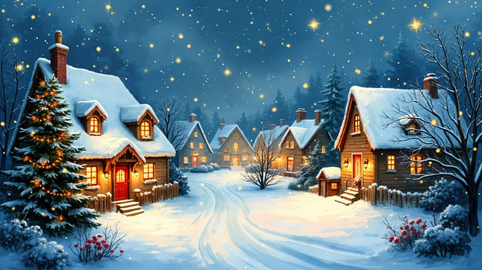 Christmas Village in Snow with Twinkling Lights 4K