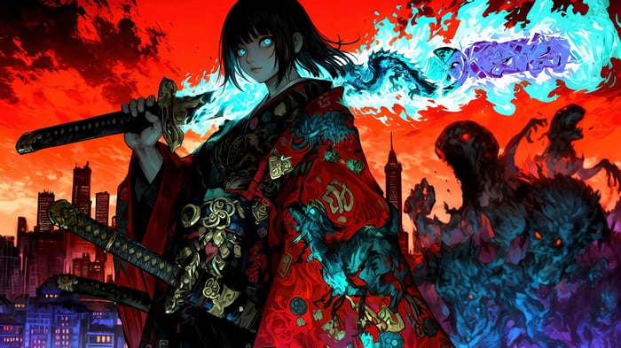 Anime Girl in Kimono with Flaming Sword
